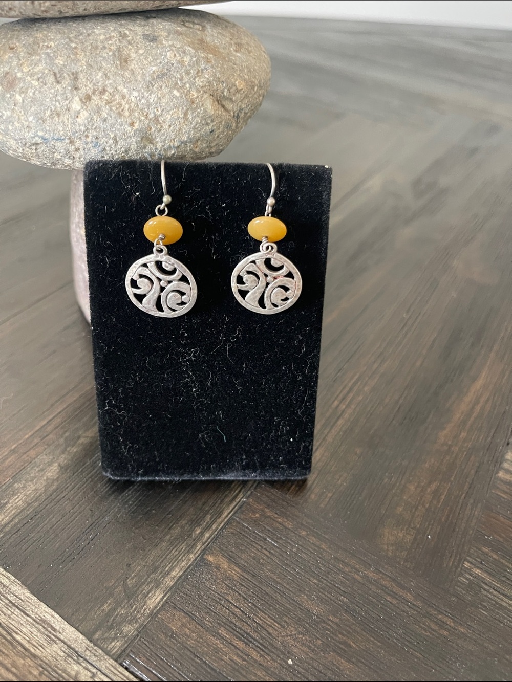 Silpada Mustard Yellow Bead with Silver Scroll Drop Earrings